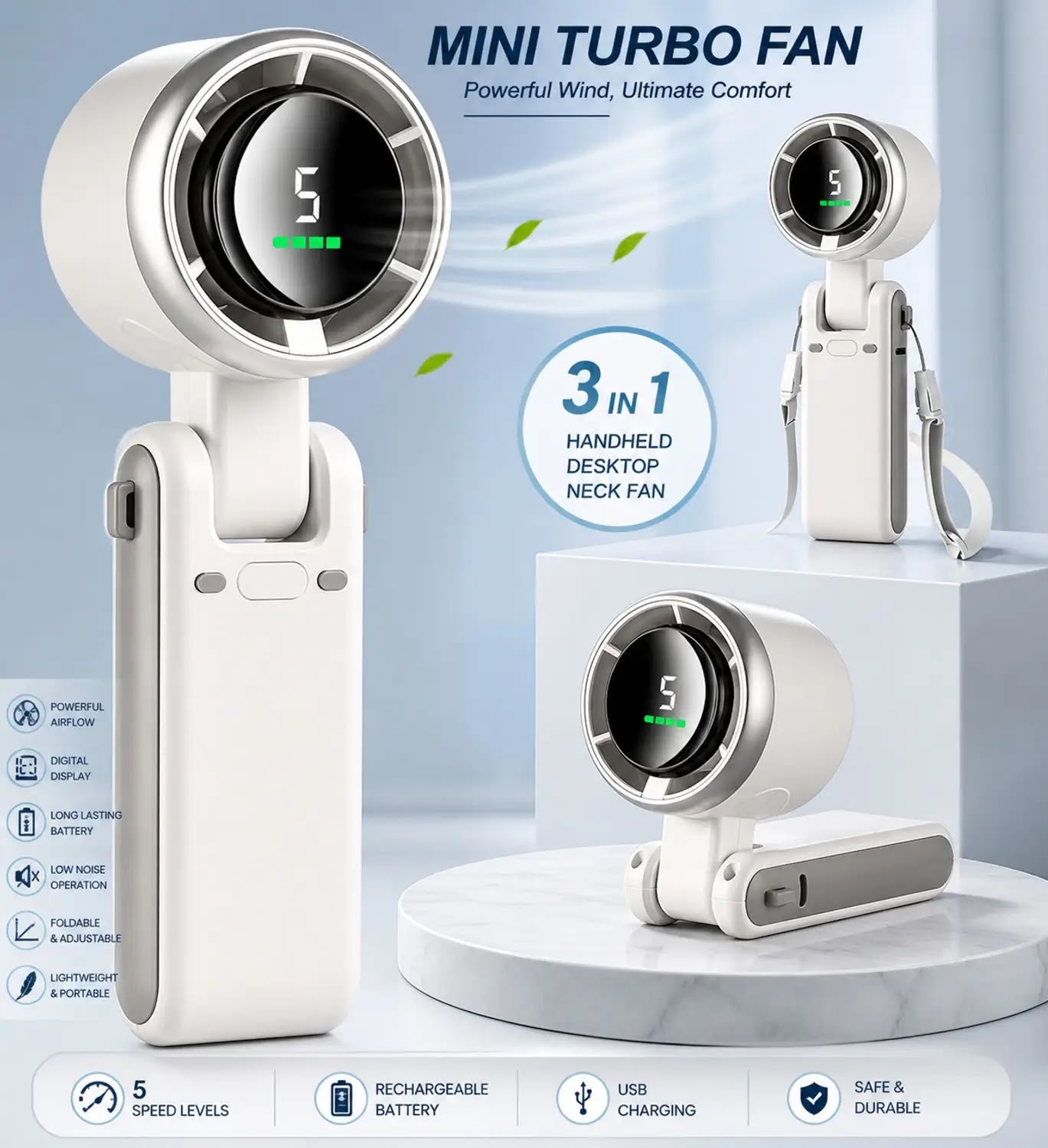 F640 3-in-1 Foldable Portable Turbo Fan  5-Speed High-Power Cooling Fan with Box