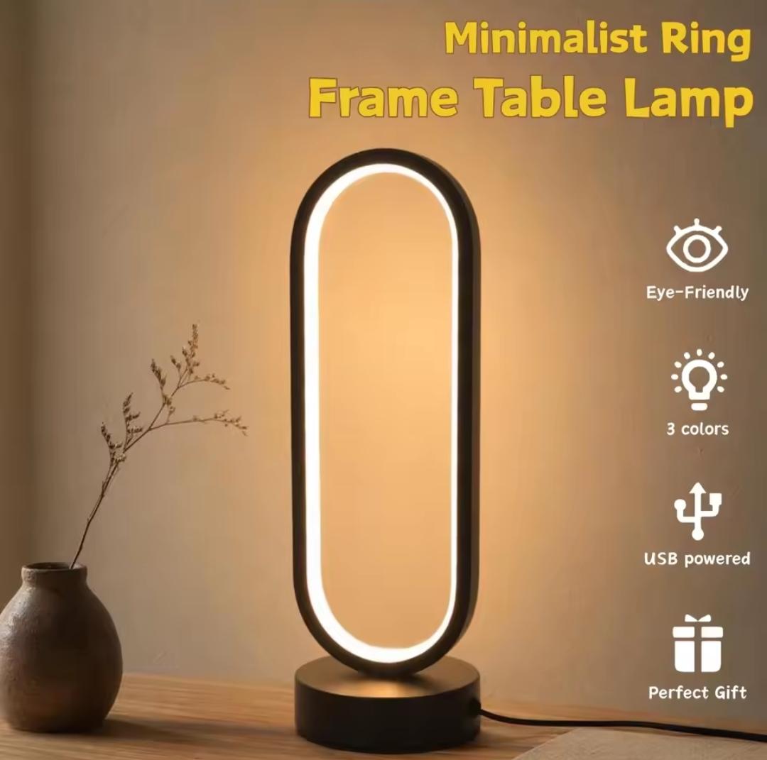 Minimalist Ring Frame LED Table Lamp – 3-Color USB Bedside Nightlight